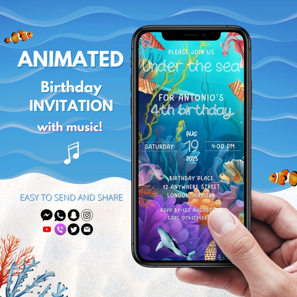 Under the sea Birhtday Invitation Animated Ocean Party Birthday Invite Digital Sea Party Editable Phone Evite with music