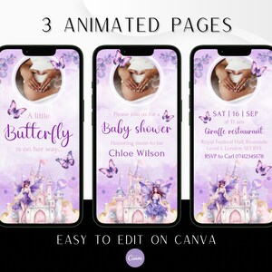 Może przedstawiać: Trzy animowane strony zaproszenia na baby shower. Pierwsza strona przedstawia fioletowego motyla z tekstem "A little Butterfly is on her way..." Druga strona przedstawia fioletowego motyla z tekstem "Please join us for a Baby shower honoring mom-to-be Chloe Wilson". Trzecia strona przedstawia fioletowego motyla z tekstem "SAT | 16 | SEP at 11 am Giraffe restaurant Royal Festival Hall, Riverside Level 1, London SE1 8XX RSVP to Carl 07412345678".