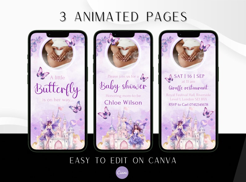 Może przedstawiać: Trzy animowane strony zaproszenia na baby shower. Pierwsza strona przedstawia fioletowego motyla z tekstem "A little Butterfly is on her way..." Druga strona przedstawia fioletowego motyla z tekstem "Please join us for a Baby shower honoring mom-to-be Chloe Wilson". Trzecia strona przedstawia fioletowego motyla z tekstem "SAT | 16 | SEP at 11 am Giraffe restaurant Royal Festival Hall, Riverside Level 1, London SE1 8XX RSVP to Carl 07412345678".