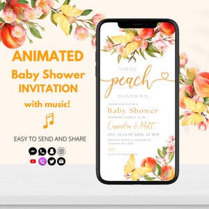 Peach Baby Shower Invitation Girl | Animated Sweet as a Peach Invite | Editable Template | A Little Peach on the Way