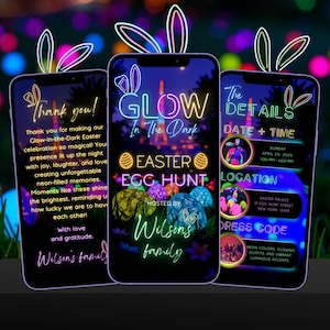 May include: Glow-in-the-dark Easter egg hunt invitation with neon colors and text. The invitation includes the date, time, location, and dress code. The event is hosted by Wilson's family.