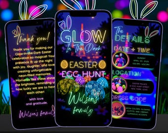 May include: Glow-in-the-dark Easter egg hunt invitation with neon colors and text. The invitation includes the date, time, location, and dress code. The event is hosted by Wilson's family.