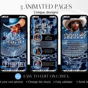 May include: Three animated phone screens with unique designs. The screens feature a woman in a cowboy hat, text that reads "Boots & Bling", "Yeehaw", and "The Details". The screens are decorated with a blue and white cow print.