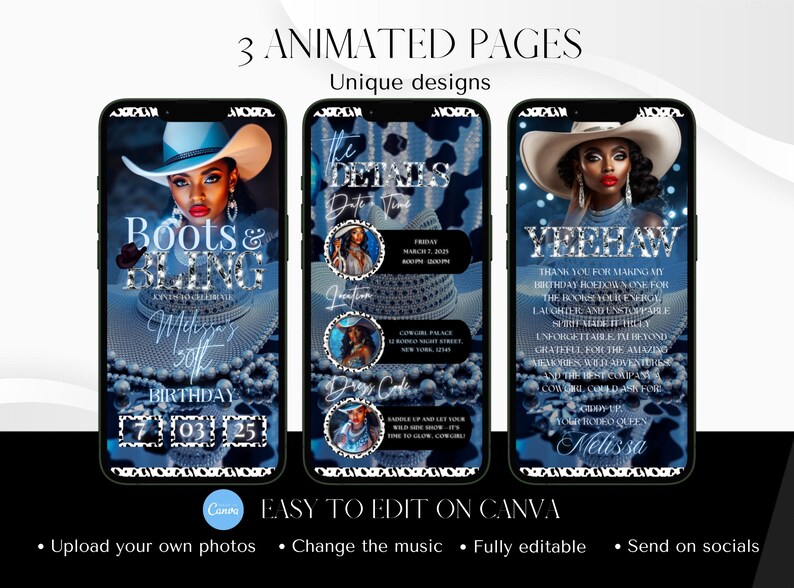 May include: Three animated phone screens with unique designs. The screens feature a woman in a cowboy hat, text that reads "Boots & Bling", "Yeehaw", and "The Details". The screens are decorated with a blue and white cow print.