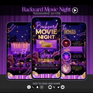 Editable Backyard Movie Night Birthday Invitation, Animated Outdoor Cinema Party Video Invite, Digital Movie Night Birthday Evite Template