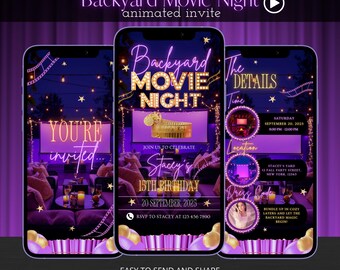 Invitación de cumpleaños editable para noche de cine en el jardín (Invitación digital para invitación)