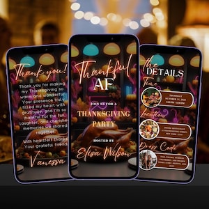 Thankful AF Thanksgiving Dinner Invitation Video, Friendsgiving Dinner Digital Invite, Editable Fall Dinner Party Mobile Evite