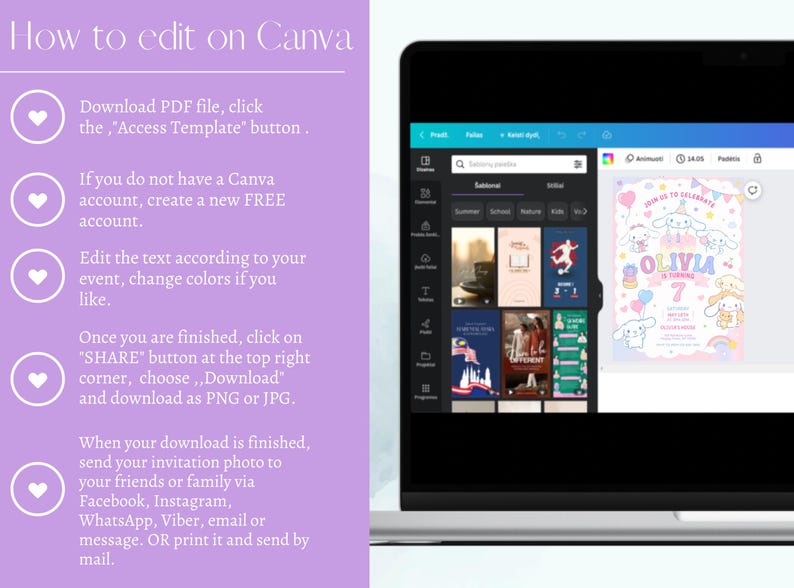 May include: A laptop screen displays Canva editing instructions and a birthday invitation template. The instructions are on the left, with steps on downloading, editing, and sharing. The right side shows a colorful invitation with the name "Olivia" and the number "7".