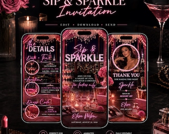 Pink Glam Party Invitation Template, Ladies Night Invite, Editable Canva Mobile Invitation, Girls Night Party Invite, Pink Cocktail Party