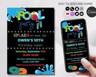 Animated Pool Party Invitation Boy Printable Swimming Pool Summer Party Invitation Canva Editable Boy Birthday Video Invitation