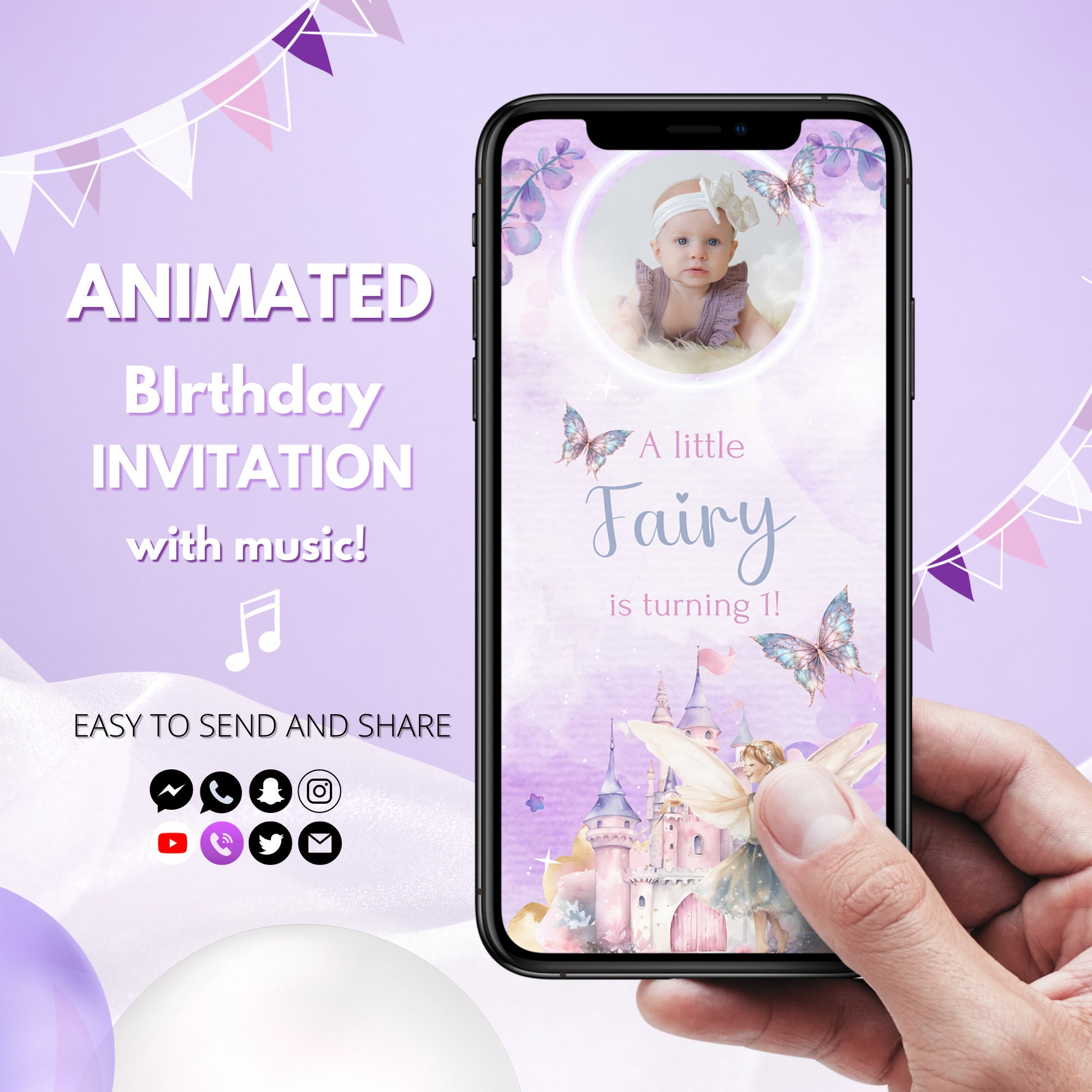 Fairy First Birthday Invitation Video Animated Butterflies Magical ...