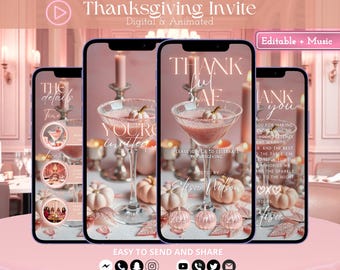 Editable Thankful AF Friendsgiving Invitation, Elegant Rose Gold Thanksgiving Dinner Party Evite, Digital Animated Invite with Music
