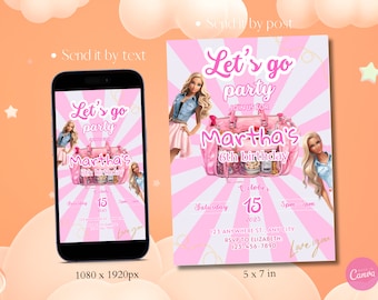 Doll Party Invitation | Pink Doll Birthday Invitation Digital Girl's Editable Invite | Doll Invitation Template Instant Download