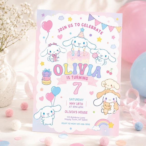 Kitty and Friends Birthday Invitation Template, Cute Cat Birthday Party Invite, Editable Kitten Theme Invitation, Pastel Kawaii