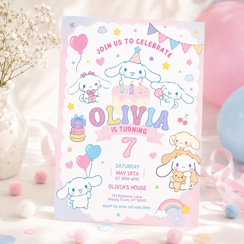 May include: A pastel-colored birthday invitation featuring cartoon characters, balloons, and a rainbow. The invitation reads "Join us to celebrate Olivia is turning 7" with event details. The design includes a cake, stars, and hearts.
