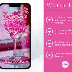 Op de afbeelding: Een smartphone toont een roze Galentine's Girls Night uitnodiging. Het ontwerp toont een martiniglas met de tekst "Galentine's Girls Night" in een sprankelend lettertype. De uitnodiging bevat de naam "Elisa Wilson" en hartaccenten.