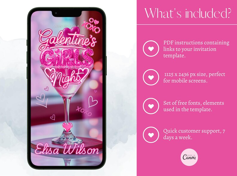 Op de afbeelding: Een smartphone toont een roze Galentine's Girls Night uitnodiging. Het ontwerp toont een martiniglas met de tekst "Galentine's Girls Night" in een sprankelend lettertype. De uitnodiging bevat de naam "Elisa Wilson" en hartaccenten.