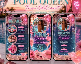 Pool Party 25th Birthday Invitation Template, Pool Queen Birthday Invite, Editable Canva Mobile Invitation, Summer Pool Party