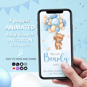 Geanimeerde uitnodiging beer babyshower bewerkbare sjabloon babyshower babyshower beer met ballonnen Video-uitnodiging met muziek