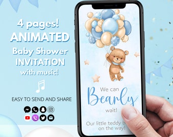 Animated Baby Shower Bear Invitation Editable Baby Boy Baby Shower Evite Template Bear with balloons Video invitation with music