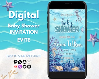 Inbjudan till babyshower under havet | Babyshower-inbjudningar till havet | Redigerbar digital babyshower-inbjudan