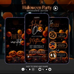 May include: Animated Halloween party invitation displayed on three smartphones. The design features orange balloons, pumpkins, and the text "Hallo One" and "Matthew 1st Birthday". Details include date, time, location, and dress code.