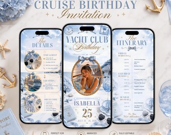 Yacht Club Birthday Invitation Template, Cruise Birthday Invite, Coastal Chic Birthday, Editable Canva Mobile Invitation
