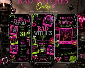 Bad Witches Only Animated Halloween Party Invitation, Editable Digital Halloween Birthday Invite Template, Canva Evite