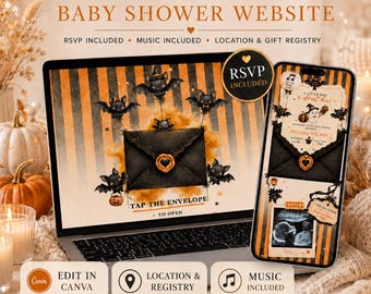 Halloween Baby Shower Website Invitation with RSVP | A Little Boo Is Almost Due | Editable Canva Template with Music & Registry