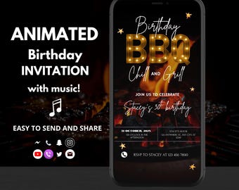 Geanimeerde BBQ-verjaardagsuitnodiging – Digital Cookout & Backyard Barbecue Party Video-uitnodiging – Bewerkbare, directe download