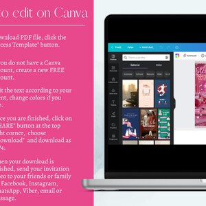 May include: A laptop screen displays a Canva interface with a pink background and instructions on how to edit. The screen shows a template with the text "Sleepover Squad". Instructions include downloading a PDF, creating a free account, and sharing the finished product.