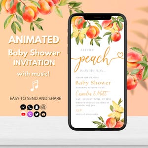 A Little Peach Is on the Way Invite | Animated Peach Baby Shower Invitation Girl | Editable Template | Sweet as a Peach Baby Shower
