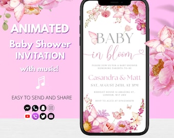 Invitación animada de bebé en flor: invitación para baby shower de flores silvestres para niña, plantilla digital editable de invitación floral, video de mariposas
