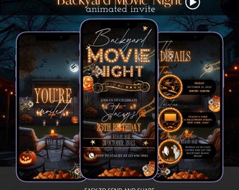 Op de afbeelding: Geanimeerde uitnodiging voor een filmavond in de achtertuin, weergegeven op drie smartphones. Het ontwerp heeft een Halloween-thema met pompoenen, spinnen en de tekst "Backyard Movie Night". De uitnodiging bevat evenementdetails en RSVP-informatie.