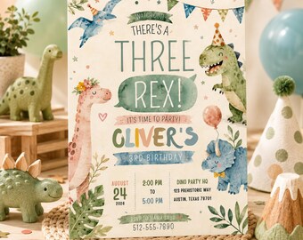 Three Rex Dinosaur 3rd Birthday Invitation, Watercolor Party Invite (Digital Download)