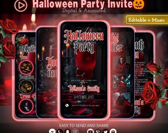 Halloween Cocktail Party Invitation Video | Spooky Skull Animated Digital Invite | Editable Gothic Mobile Invite Template