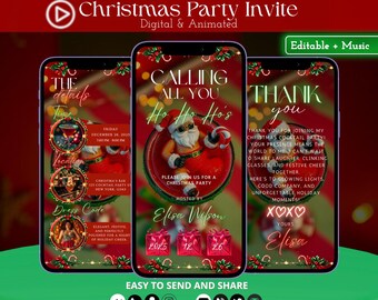Invitación animada para la fiesta navideña de Ho Ho Ho, invitación electrónica divertida para la fiesta de Navidad con Papá Noel, invitación editable para cóctel navideño, plantilla digital navideña