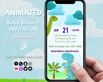 Dinosaur Baby Shower Video Invitation with music, Animated Dino Invitation Printable Editable Template