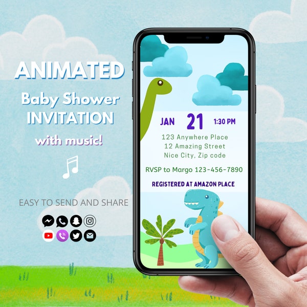 Dinosaur Baby Shower Video Invitation with music, Animated Dino Invitation Printable Editable Template