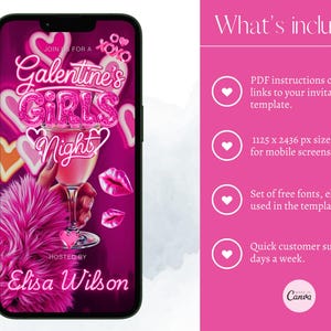 K&ouml;nnte beinhalten: Ein Smartphone zeigt eine rosa Galentine's Girls Night Einladung. Das Design zeigt einen Cocktail, Lippen, Herzen und den Text "Galentine's Girls Night" in einer glitzernden Schriftart. Veranstaltet von Elisa Wilson.