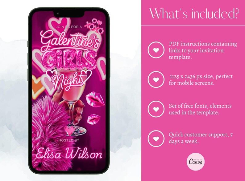 K&ouml;nnte beinhalten: Ein Smartphone zeigt eine rosa Galentine's Girls Night Einladung. Das Design zeigt einen Cocktail, Lippen, Herzen und den Text "Galentine's Girls Night" in einer glitzernden Schriftart. Veranstaltet von Elisa Wilson.