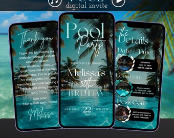 May include: A digital invitation for a pool party celebrating Melissa's 30th birthday. The invitation features a tropical scene with palm trees and a pool. The text on the invitation reads "Join us to celebrate Melissa's 30th Birthday" and includes the date, time, location, and dress code.