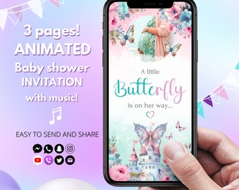Animated Butterfly Baby Shower Invitation Editable Pastel Butterflies Baby Shower Invitation Digital Template Video Text Evite for Girl
