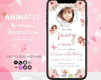 Fairy First Birthday Invitation | Animated Fairy Garden Party Invite | Girl 1st Birthday Photo Invite | Fairy 1st Birthday