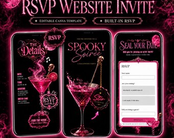 Halloween RSVP Website Invitation, Editable Canva Template, Pink Spooky Party Digital Invite