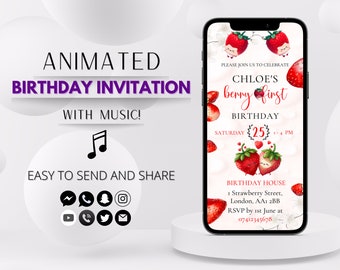 Animierte Beere erste Geburtstagseinladung, Erdbeere 1. Geburtstag Video Evite, bearbeitbare Kinder erster Geburtstag Animierte Invite mit Musik