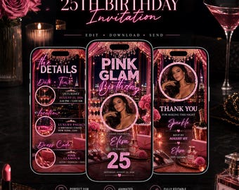 Pink Glam Birthday Invitation Template, 25th Birthday Invite, Editable Canva Mobile Invite, Luxury Pink Party Invitation
