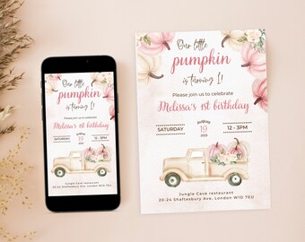 May include: A digital invitation for a first birthday party with a pumpkin theme. The invitation features a watercolor illustration of a truck carrying pumpkins and flowers. The text reads "Our little pumpkin is turning 1!" and "Please join us to celebrate Melissa's 1st birthday." The invitation also includes the date, time, and location of the party.