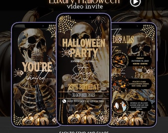 May include: A digital Halloween party invitation on a smartphone screen. The design features gold skeletons, pumpkins, and spiderwebs. Text includes "Halloween Party", "25th Birthday", and event details.
