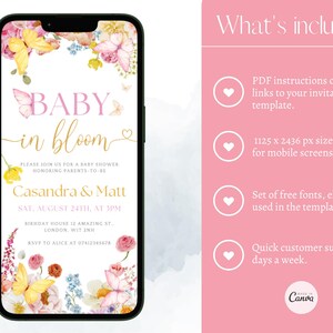 K&ouml;nnte beinhalten: Ein Smartphone zeigt eine Babyparty-Einladung mit floralen und Schmetterlingsillustrationen. Der Einladungstext lautet "Baby in Bloom" mit Veranstaltungsdetails. Das Design umfasst rosa, gelbe und wei&szlig;e Blumen.